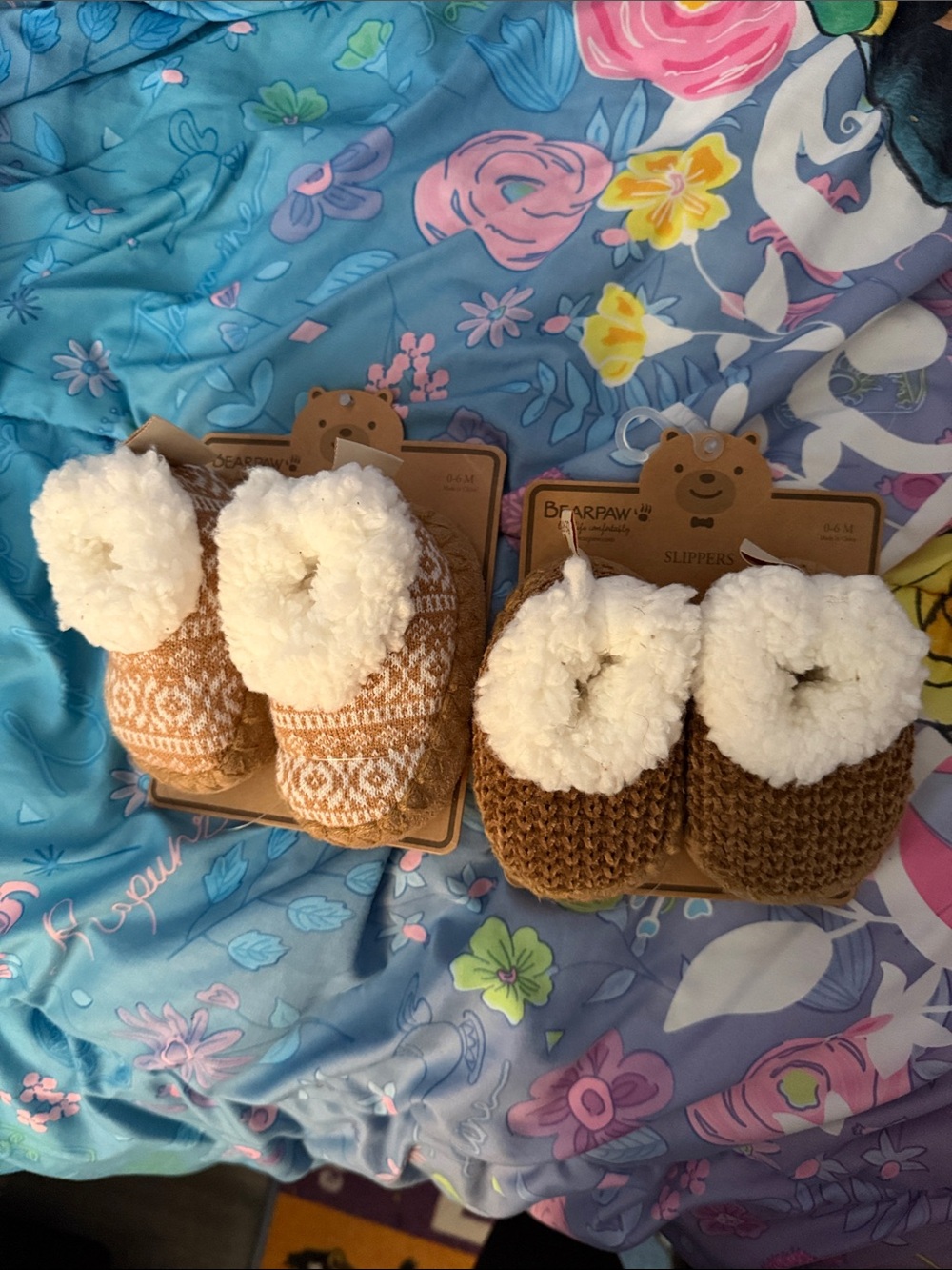 BearPaw Infant Knit Slipper Booties in Brown and Cream- 2 pairs